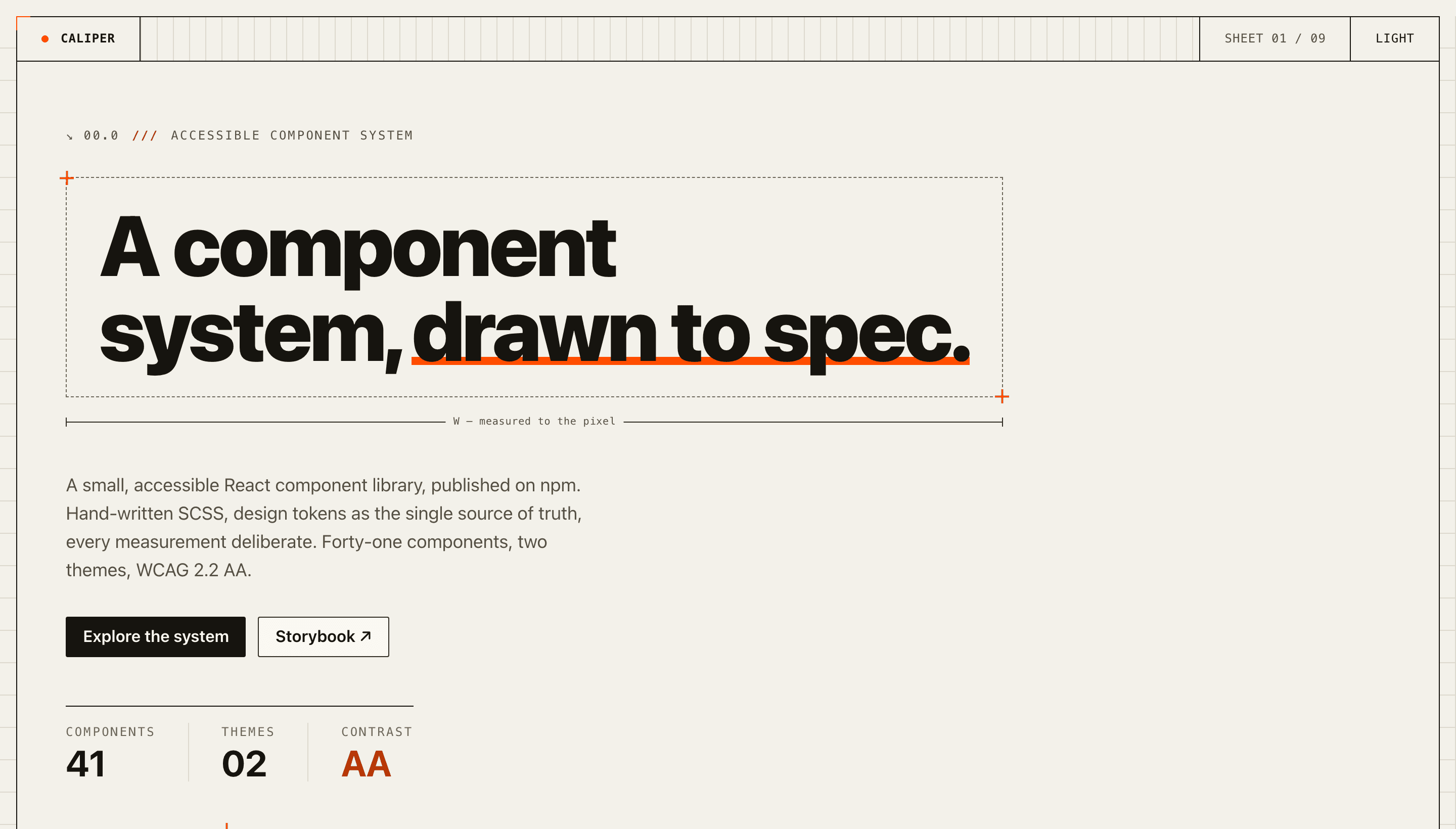Caliper UI demo shown as a technical spec sheet on warm paper with a construction-orange accent: 41 components, two themes, WCAG 2.2 AA