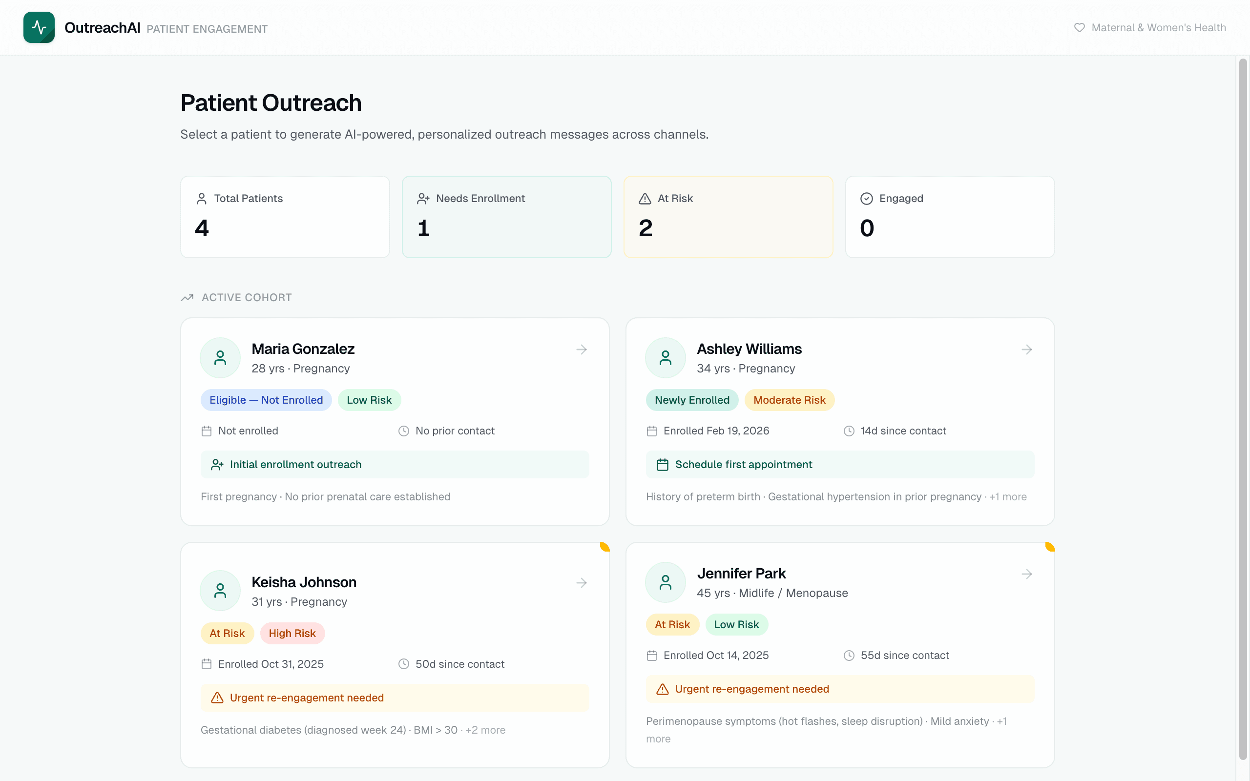OutreachAI patient dashboard showing active cohort with risk indicators
