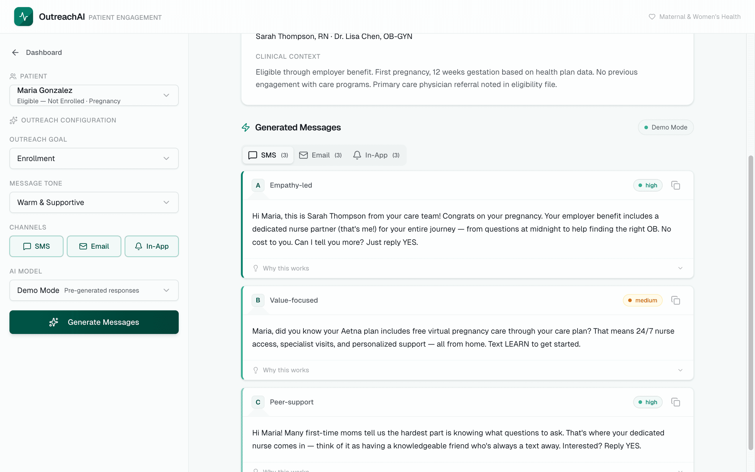 OutreachAI generated messages view showing SMS variants with engagement scores